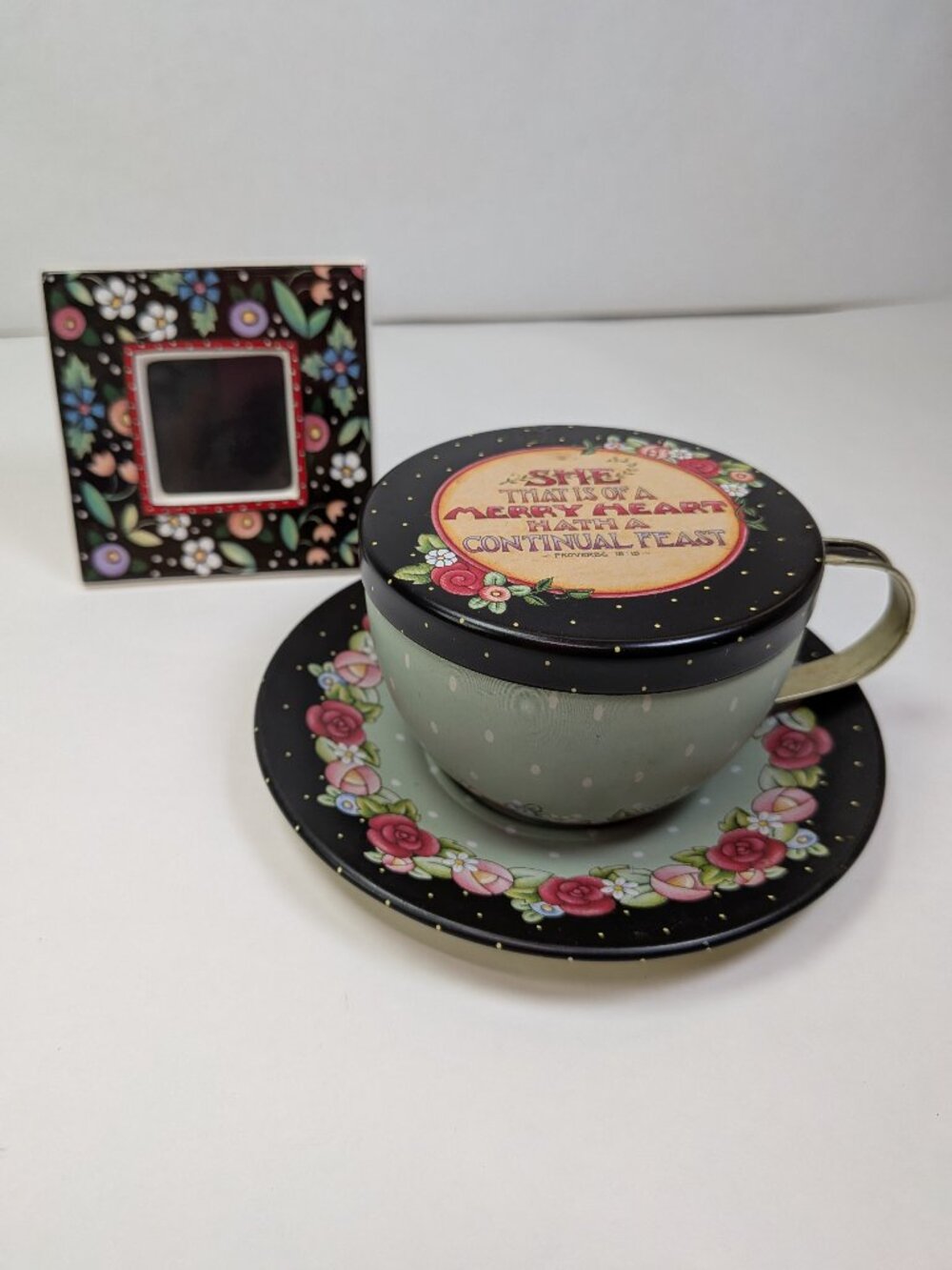 Vintage Mary Engelbreit Light Floral Metal Teacup Saucer & Cherry Ceramic Frame